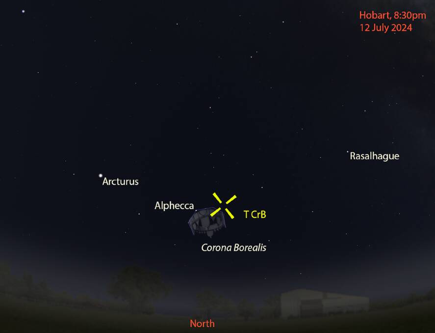 Down south in Hobart, Corona Borealis stays low in the north. The farther north you are located, the higher Corona Borealis will appear in the northern sky. The bright star Arcturus acts as a good guide. Museums Victoria/Stellarium
