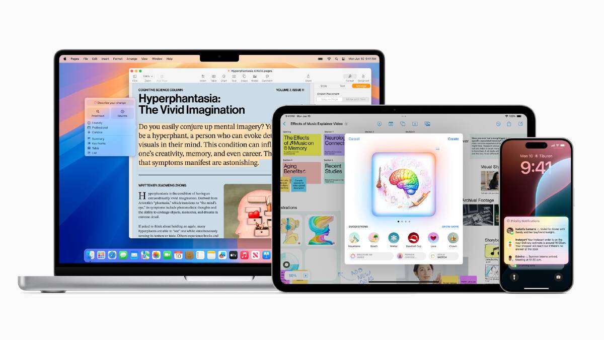 Apple introduced Apple Intelligence, their AI system for iPhone, iPad, and Mac which will blend generative AI with a personal context. Picture by Apple