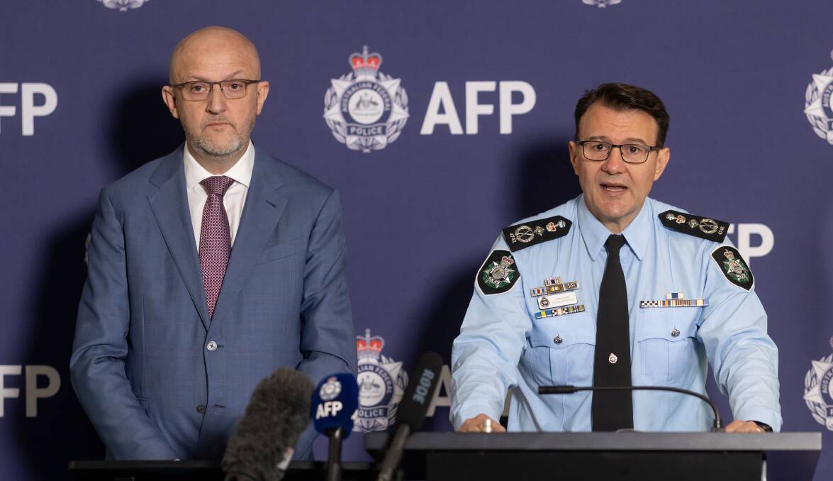 The AFP Commissioner Reece Kershaw, left, speaking at a press conference alongside Australian Security Intelligence Organisation Director-General Mike Burgess. Picture by AFP