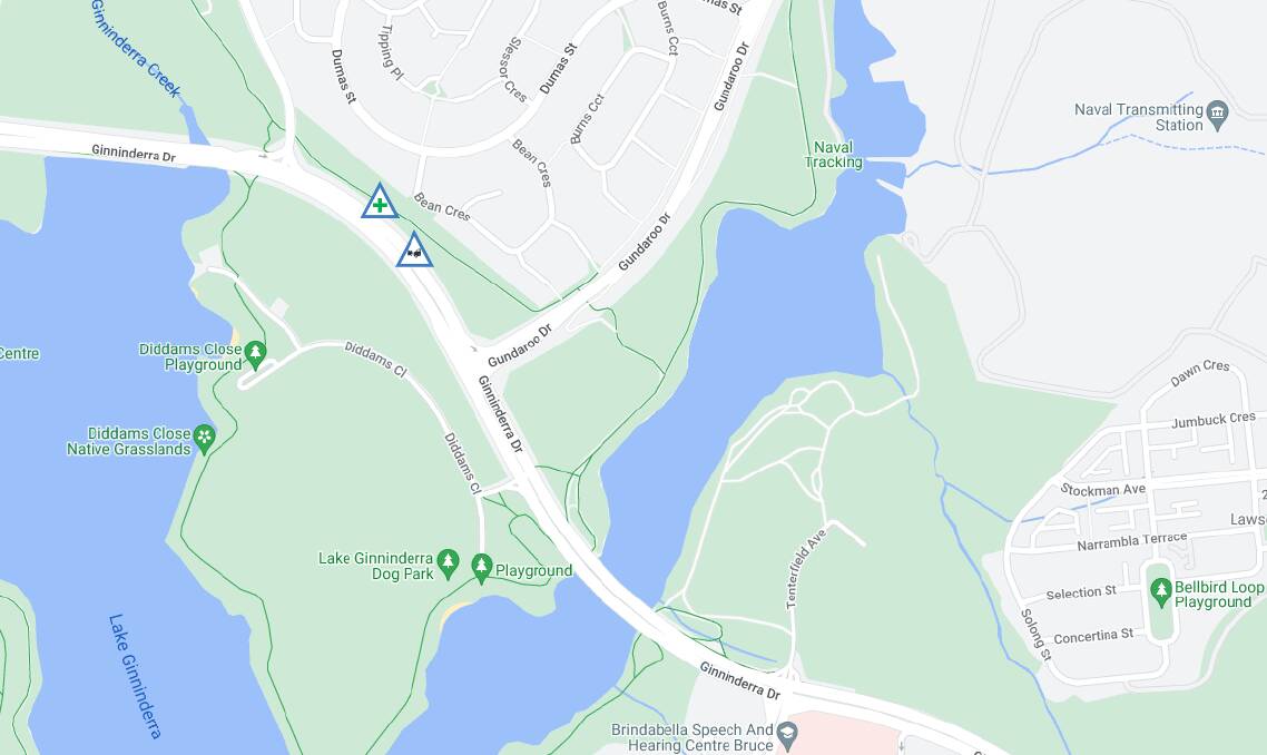 A map shows the location of the crash on Ginninderra Drive. Picture Emergency Services Agency ACT