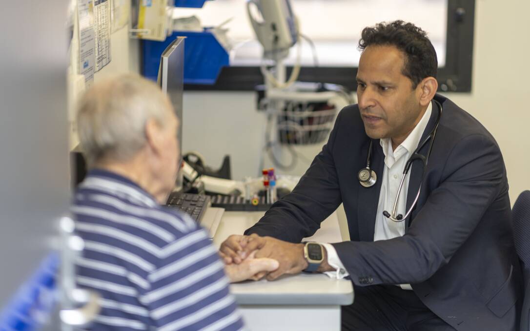 Cardiologist Dr Walter Abhayaratna meets clinical trial participant Brian Jelfs at Canberra Hospital. Picture by Gary Ramage