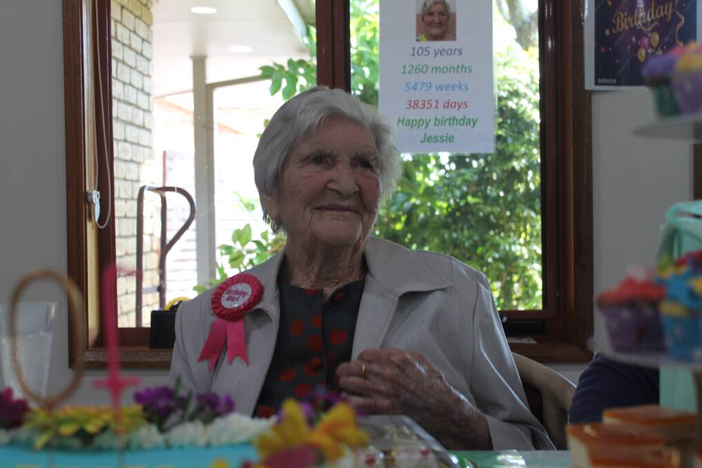 Lifelong Moruya resident Jessie Pollock celebrating 105 years. Picture Tom McGann.