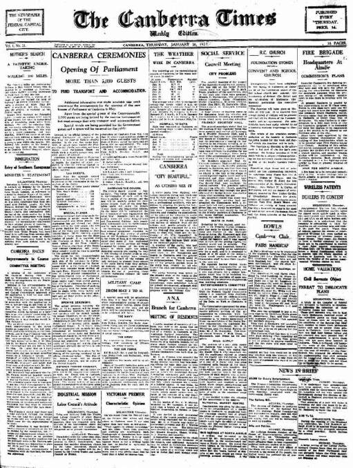 The front page of The Canberra Times on January 20, 1927.