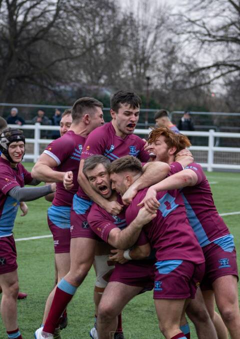 Players from the London Chargers celebrating during a recent trial match with Rangers. Photo supplied by Todd Peut. 