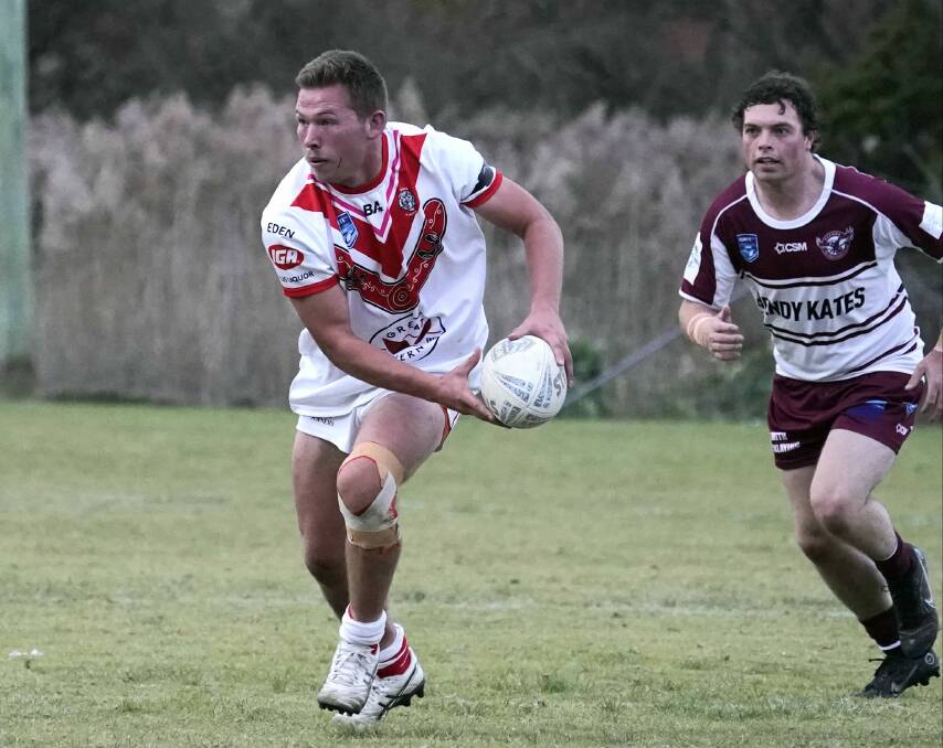 Tiger's second-rower Hayden Crofton running the ball in their clash with Tathra on the weekend. Picture by Razorback Sports Photography. 