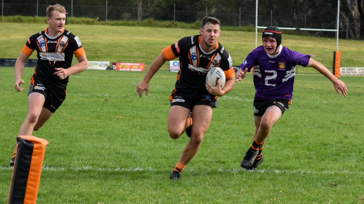 The Bay Tigers heading for the line in the clash with Bungendore. Picture supplied Canberra Region Rugby League. 