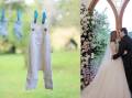 Baby clothes hanging on a washing line posted to the couple's Instagram account (left) and at their wedding ceremony in June (right). Picture Instagram/Brittany Higgins