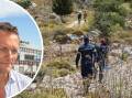 The body of Michael Mosley (left) was found on a rocky slope in Symi (right). Picture via AAP Image