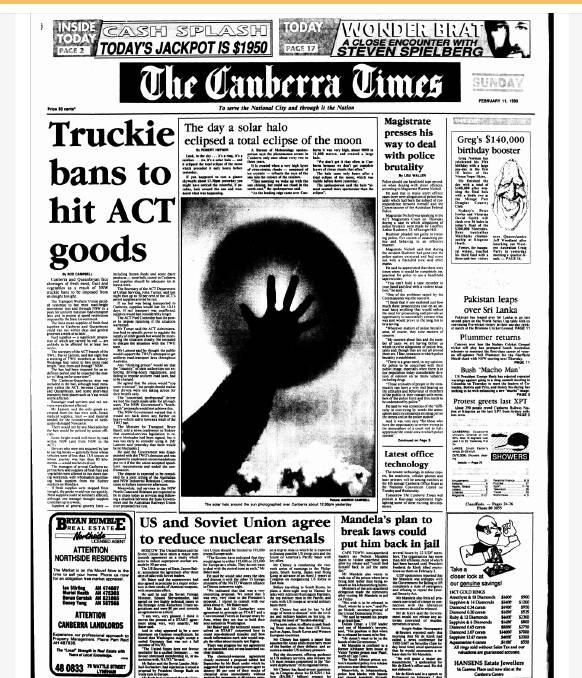 The front page of The Canberra Times on February 11, 1990.