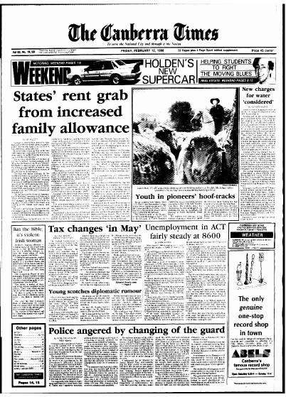The front page of The Canberra Times on February 12, 1988.