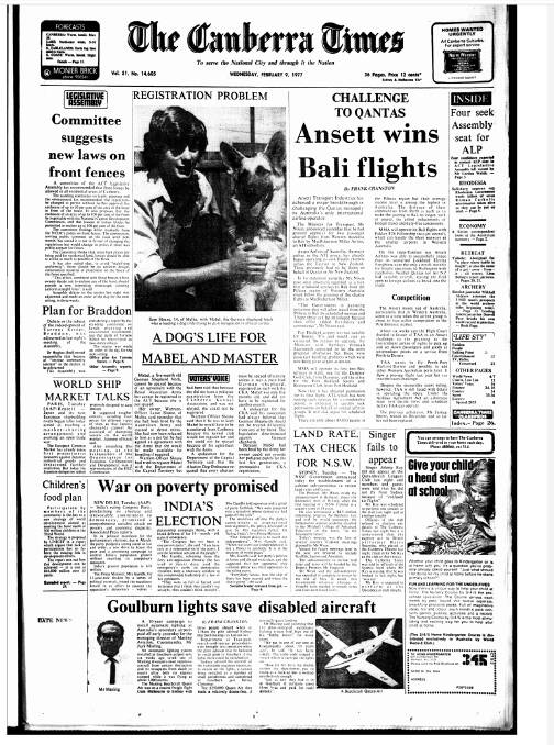 The front page of The Canberra Times on February 9, 1977.