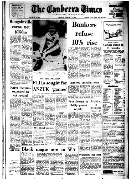 The front page of The Canberra Times on February 2, 1974.