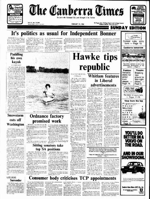The front page of The Canberra Times on February 13, 1983.