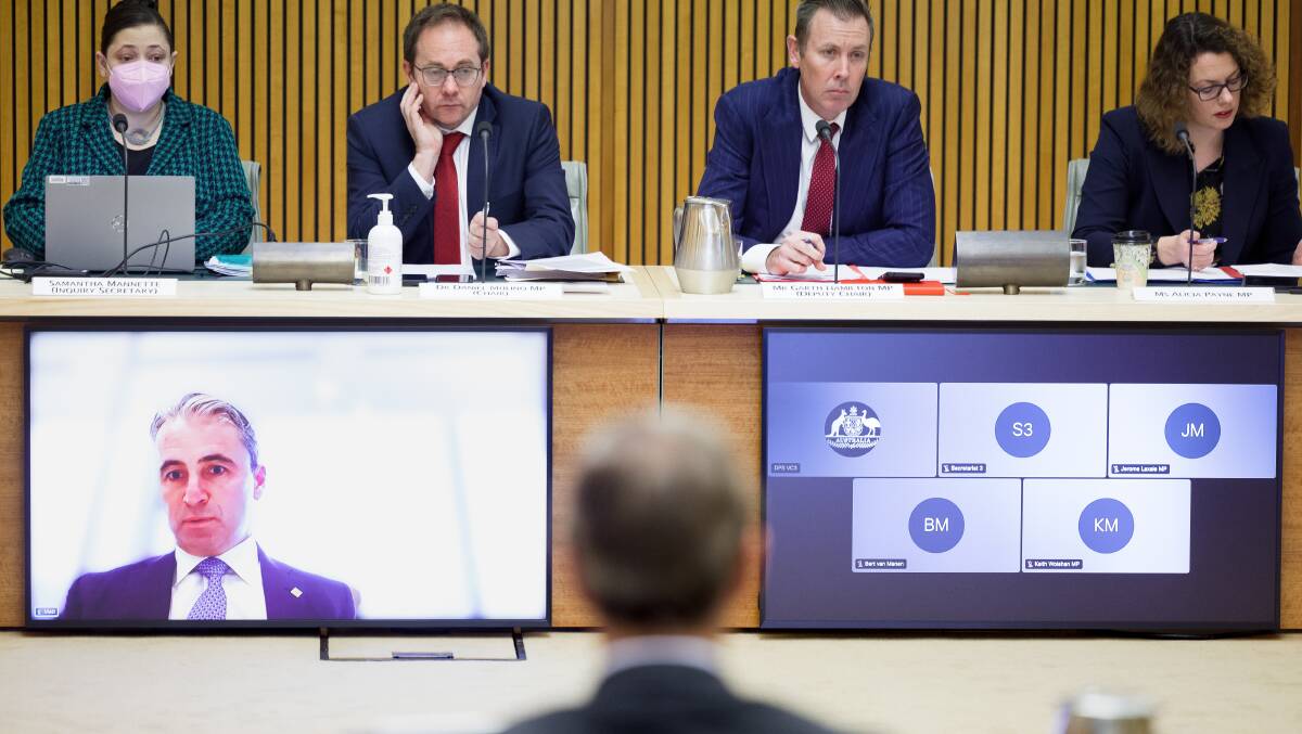 Commonweath Bank CEO Matt Comyn appearing remotely before the House of Representatives Economics Committee on Thursday. Picture by Sitthixay Ditthavong