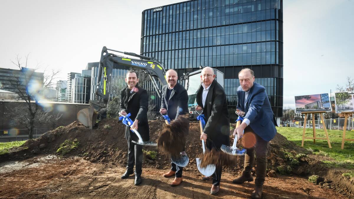 Richard Snow, Andrew Barr, Stephen Byron and Craig Gillman at a sod-turning event on Monday. Picture by Karleen Minney

