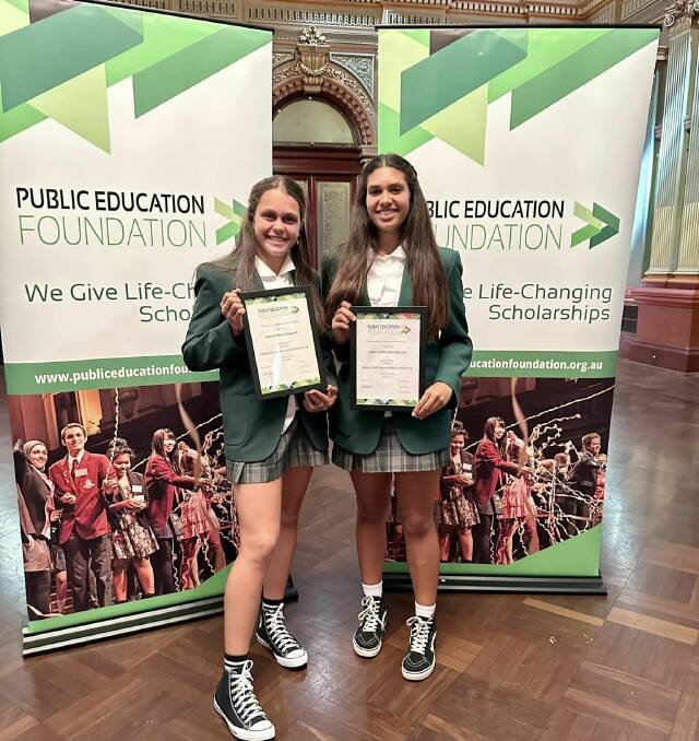 Narooma High School students Jahzarra Moreton-Kincaid and Kymiah Stewart received scholarships for their commitment and potential at the Proudly Public Awards on May 29. Picture via Narooma High School Facebook