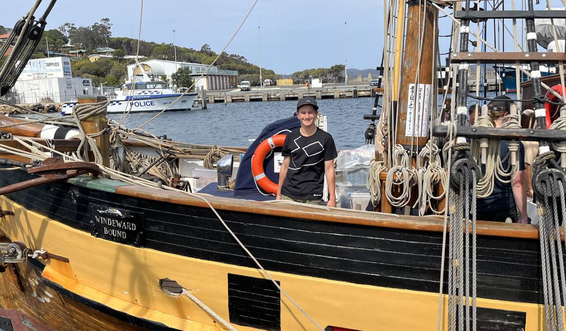 Jesse Jenkins at the bow of the STV Windeward Bound tall ship before departing on a lifechanging adventure to Devonport, Tasmania. Pictures by James Parker 