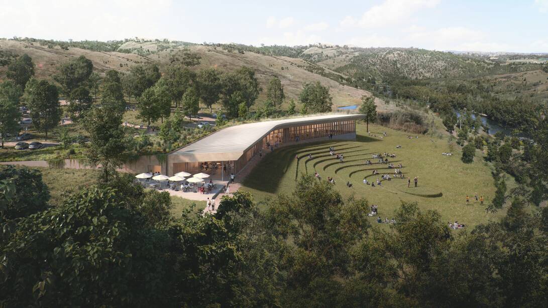 The intentional boomerang-like shape of the pavilion will contain the Ginninderry Conservation Trust's offices, as well as food and drink providers and a visitor centre. Picture supplied