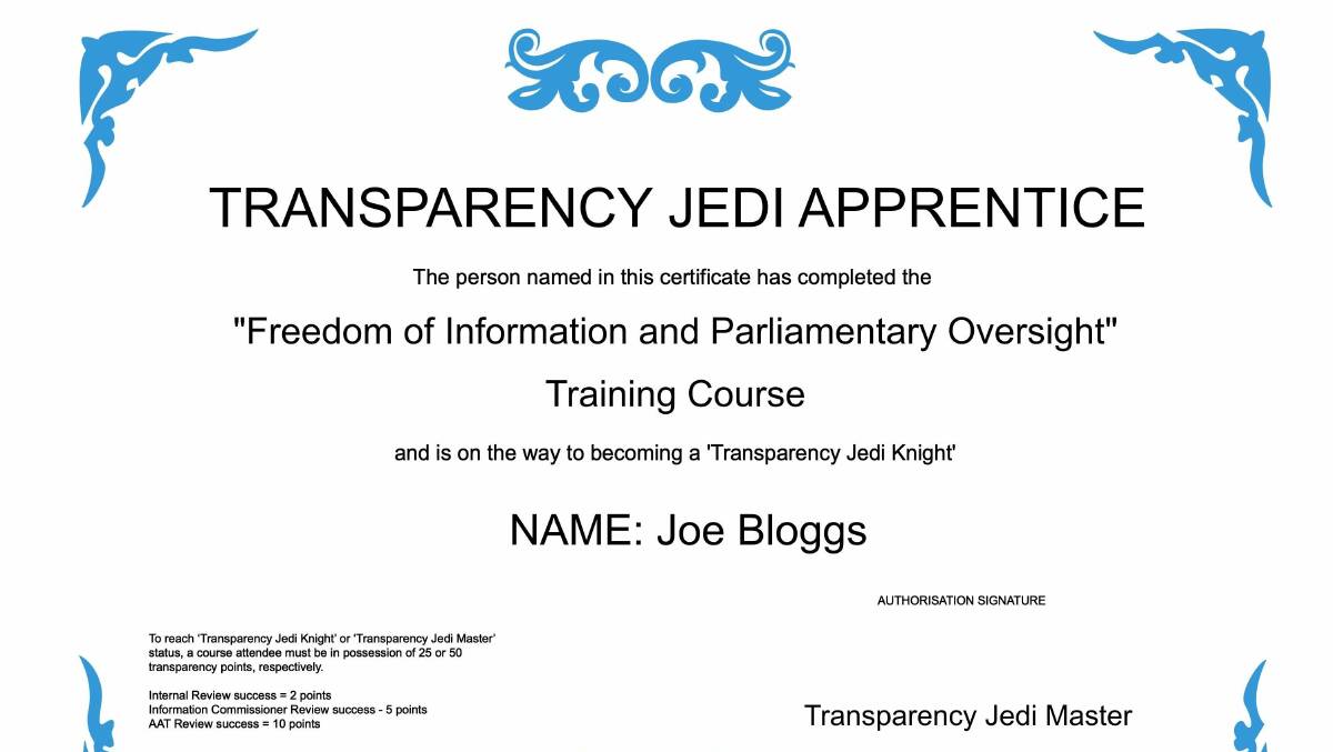Students receive a certificate after completing Mr Patrick's course, dubbing them a Transparency Jedi Apprentice. Picture supplied.