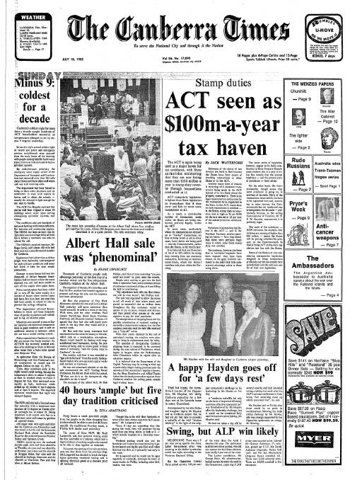The front page of The Canberra Times on July 18, 1982.