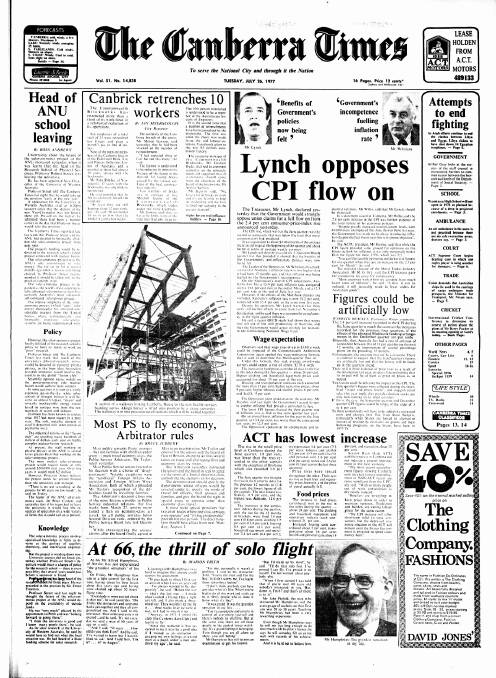 The front page of The Canberra Times on July 26, 1977.