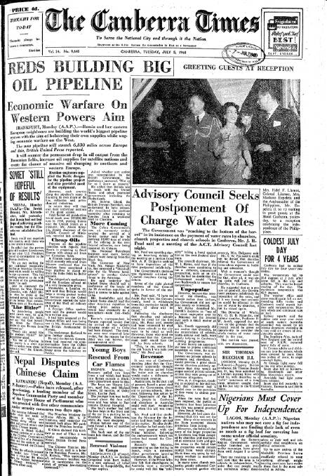 The front page of The Canberra Times on July 5, 1960.