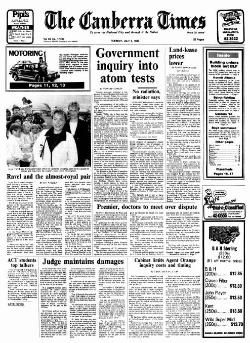 The front page of the paper on this day in 1984.