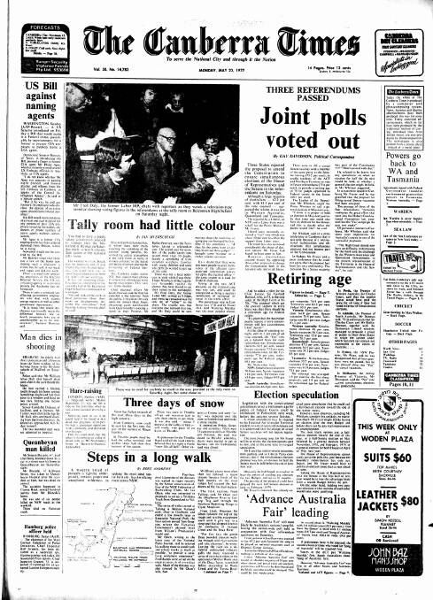 The front page of The Canberra Times on May 23, 1977.