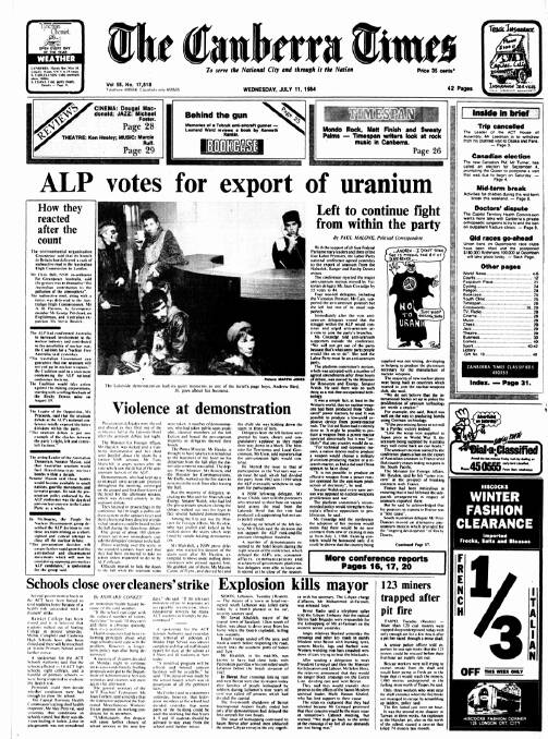 The front page of The Canberra Times on July 11, 1984.