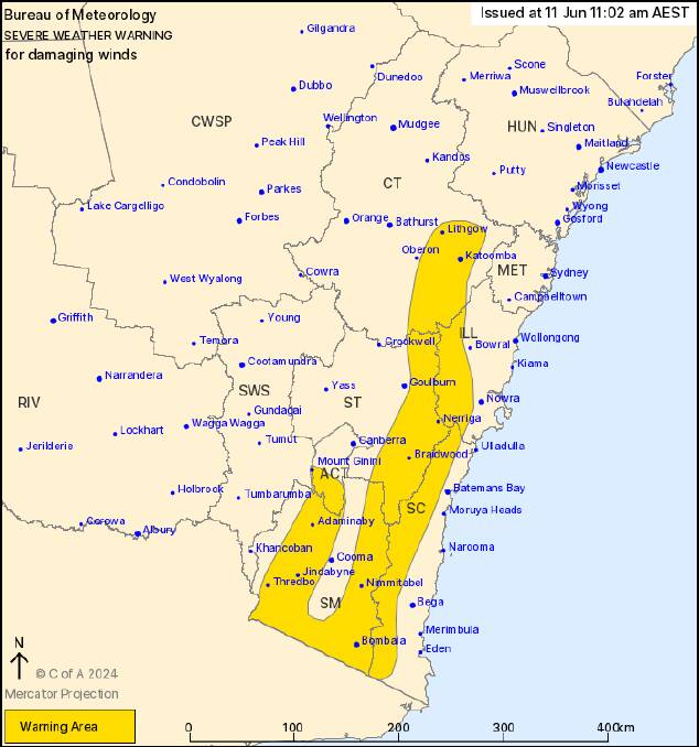 The weather warning shown on a map of NSW and ACT. Picture supplied