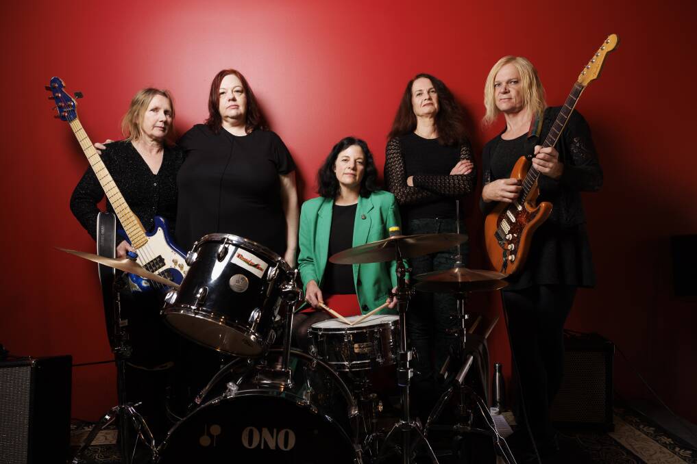 Greens MLA Jo Clay with punk band Matriarch - Lee Grundwald, Leanne Thompson, Cath Cook and Glenda Harvey. Picture by Keegan Carroll