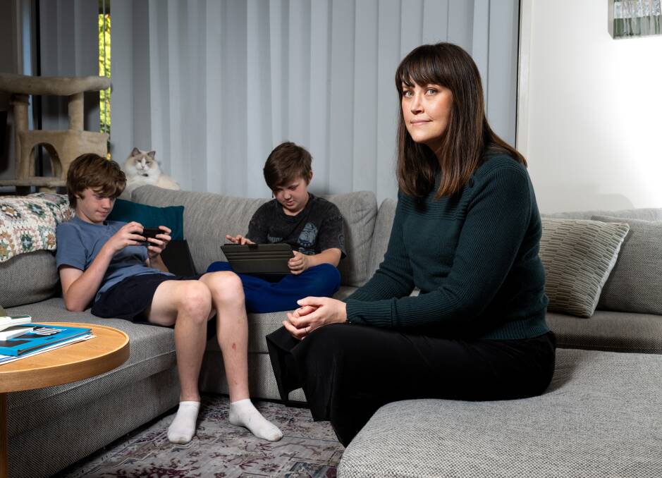 Jaclyn Maroney with her sons Owen, 10, and Elliot, 12. Picture by Elesa Kurtz