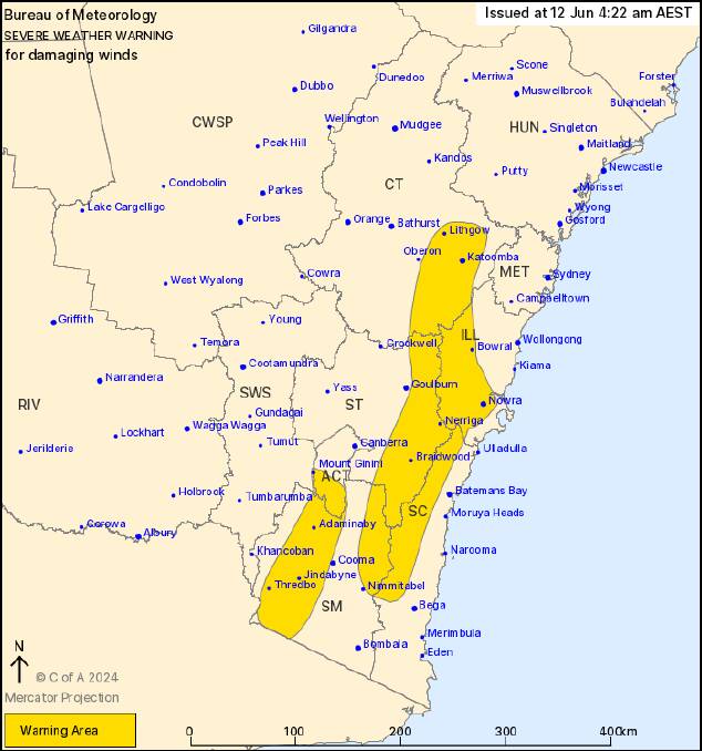 The weather warning shown on a map of NSW and ACT. Picture supplied
