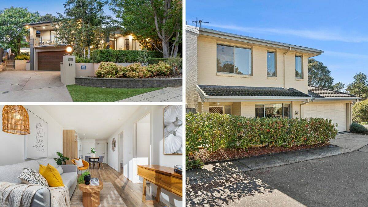 Homes for auction in Canberra. Top left, 34 Enderby Street Mawson. Bottom left, 2/50 Hillcrest Street Crace. Right, 35/131 Britten-Jones Drive Holt. Pictures supplied 