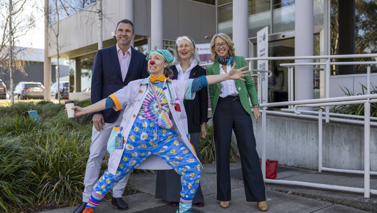 Clown Doctor Dr Ruth from The Humour Foundation with (l-r) John James Foundation CEO Joe Roff, Hands Across Canberra CEO Genevieve Jacobs and The Snow Foundation CEO Georgina Byron. Picture by Gary Ramage