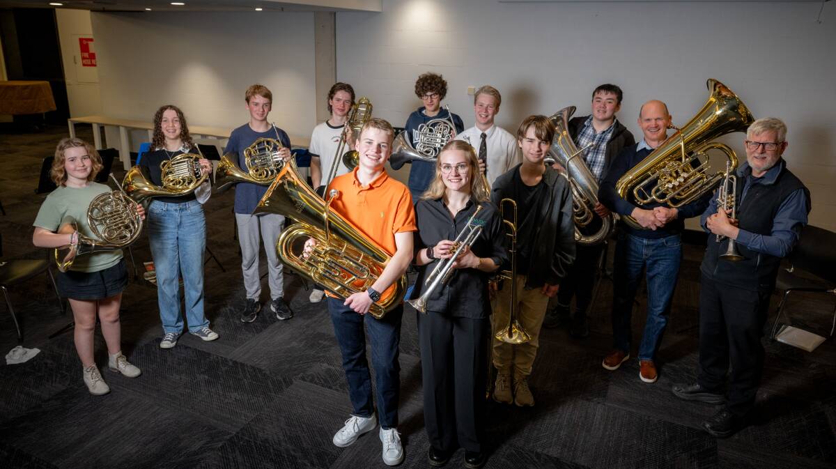 Kingland Brass members (back l-r) Lucy Moyle, Abigail York, Hugo Muchell, Oliver Macnab, Josiah Woodburn, Lachlan Hindy, Harry Moyle and Thomas Carter and (front) Ollie Guile and Lucy Guile with CSO musicians Bjorn Pfeiffer (tuba) and Greg Stenning (trumpet). Pictures by Elesa Kurtz