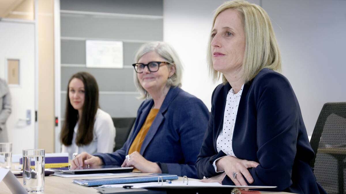 Sam Mostyn, then chair of the Women's Economic Equality Taskforce, with federal Minister for Women Katy Gallagher. Picture by James Croucher