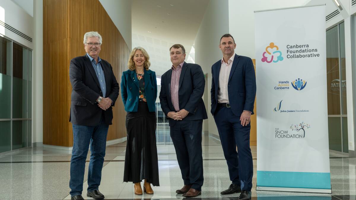 The Canberra Foundations Collaborative sees local charities joining forces. Pictured are Hands Across Canberra CEO Peter Gordon, The Snow Foundation CEO Georgina Byron, Aspen Foundation CEO Craig Fitzgerald and the John James Foundation CEO Joe Roff. Picture by Gary Ramage