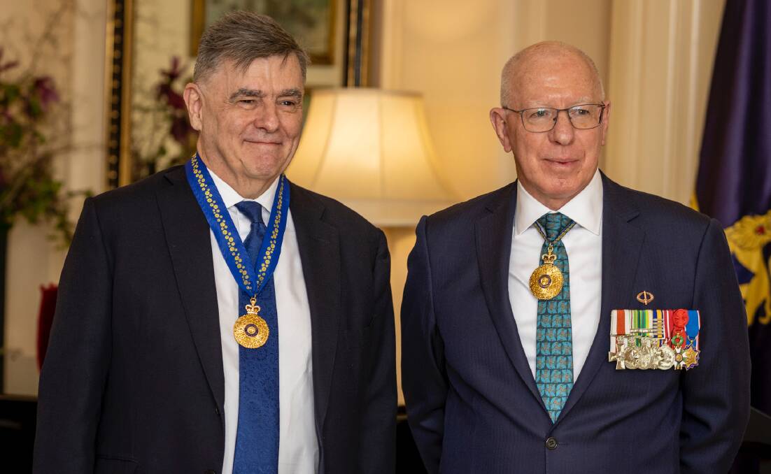 Professor Brendan Murphy (left) with Mr Hurley at Tuesday's investitures. Professor Murphy was appointed a Companion in the General Division (AC) in the Order of Australia for his work as the Commonwealth's Chief Medical Office during COVID. Picture supplied
