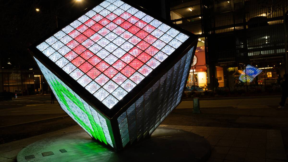 The cube us now lit with 570 LED lights - one for each brick. Picture by Elesa Kurtz