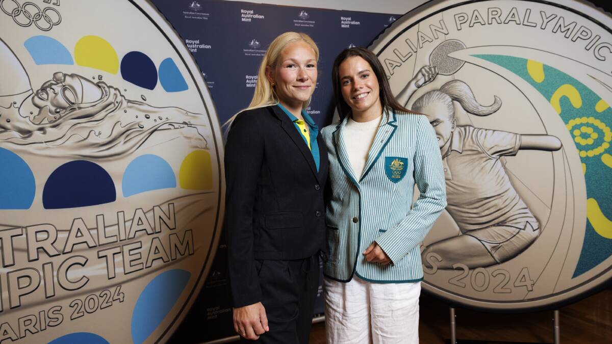 Canberra paralympic athlete Vanessa Low and Melbourne synchronised diver Annabelle Smith at the launch of the coins. Paris will be the fourth Games for both women. Picture by Keegan Carroll