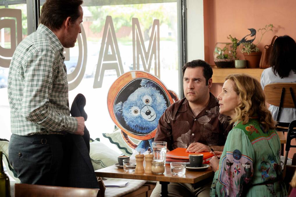 Ben Miller, Michael Theo and Sally Phillips filming at The Front cafe in Lyneham. Picture supplied 