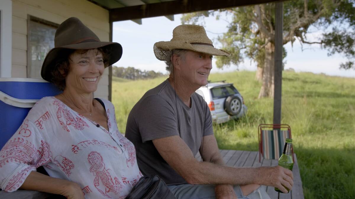 Rachel Ward and Bryan Brown on the verandah of an out-building on their farm. Picture supplied