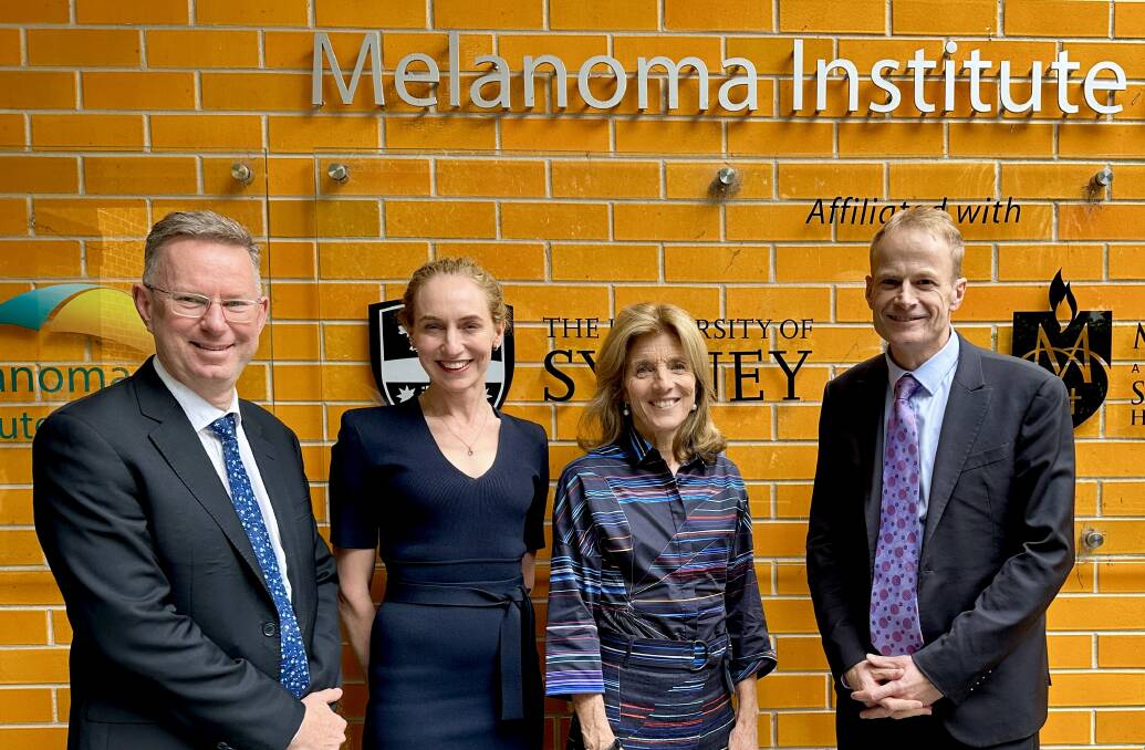 Ambassador Kennedy met with Australians of the Year Professors Georgina Long and Richard Scoyler (right) at the Melanoma Institute of Australia in Sydney earlier this month. The professors are directors of the institute. Picture supplied.