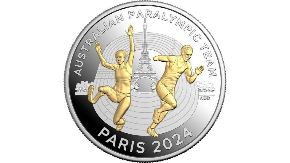 The 2024 $5 Selectively Gold-Plated Fine Silver Proof Paralympic Team coin
features a long jump athlete and a track athlete highlighted in gold plate, with the Eiffel Tower behind them. Picture supplied 