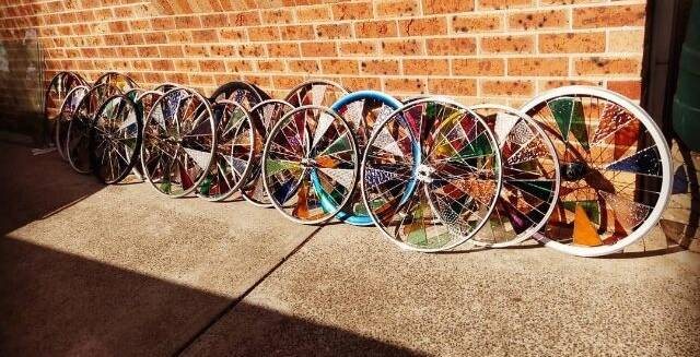 Stained glass was put in the spokes by Rachael Hayward from Groovy Glass ACT. Picture: Supplied 
