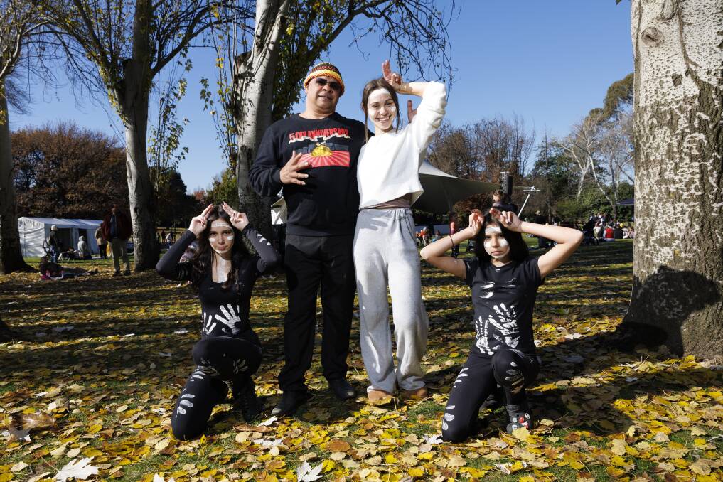 Leilani Greenaway, 14, Uncle Billy T, Stevie Greenaway and Janara Duffin, 13, from the Yukembruk (black crow) dreaming dance academy on Monday. Picture by Keegan Carroll