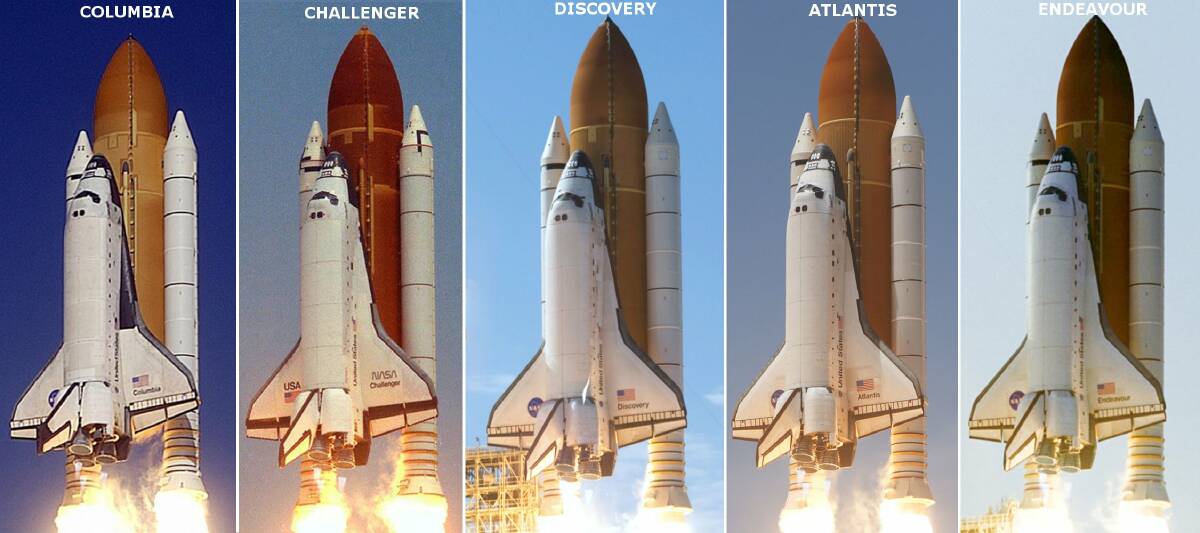 The launches of the Columbia, Challenger, Discovery, Atlantis and Endeavour space shuttles. Picture: NASA