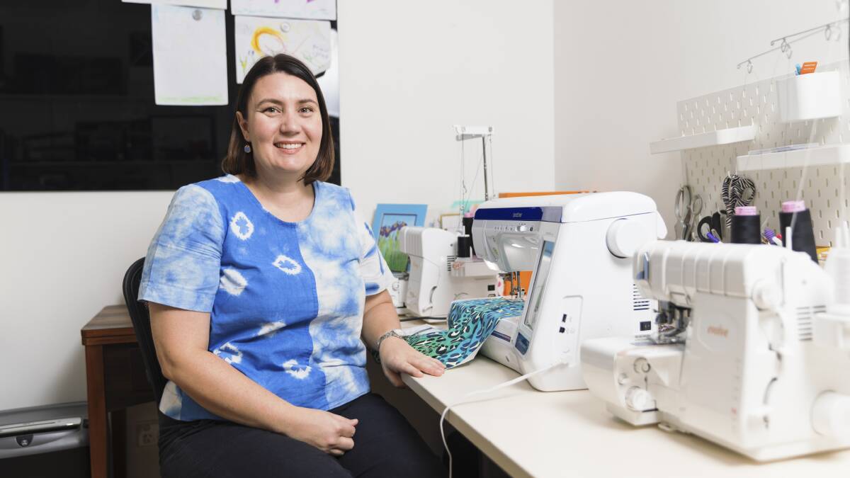 Kate Hreszczuk in her sewing space wearing a shibori-dyed top. Picture: Keegan Carroll