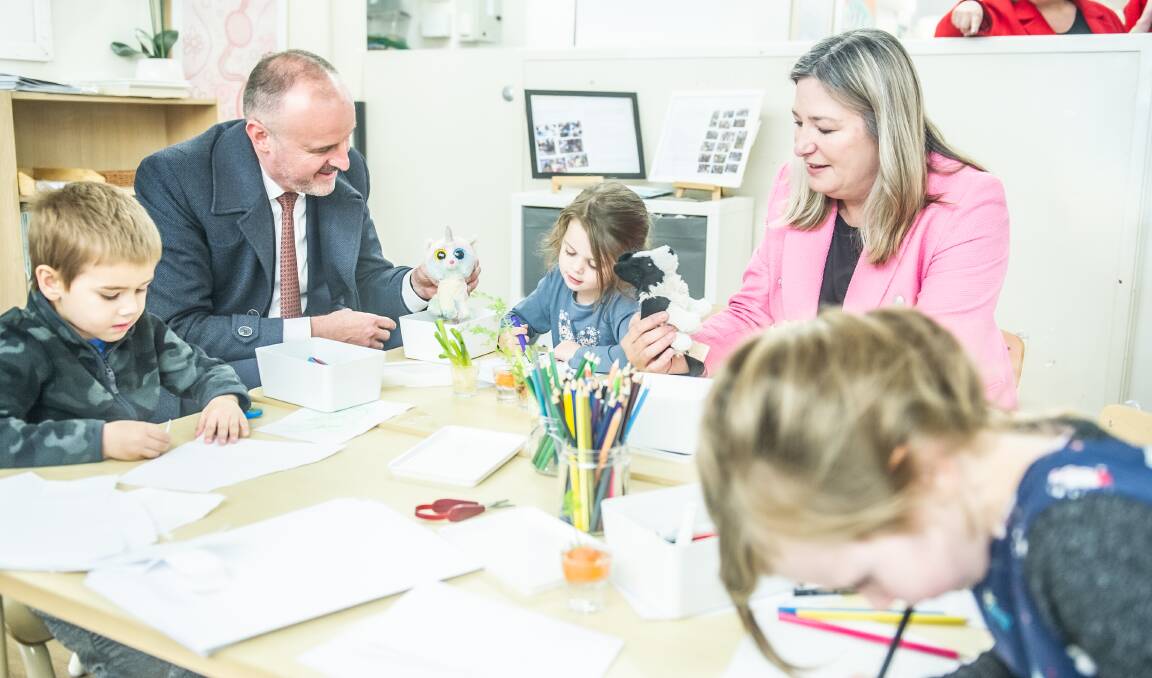 Chief Minister Andrew Barr and Education Minister Yvette Berry at Majura Early Childhood Centre. Picture by Karleen Minney